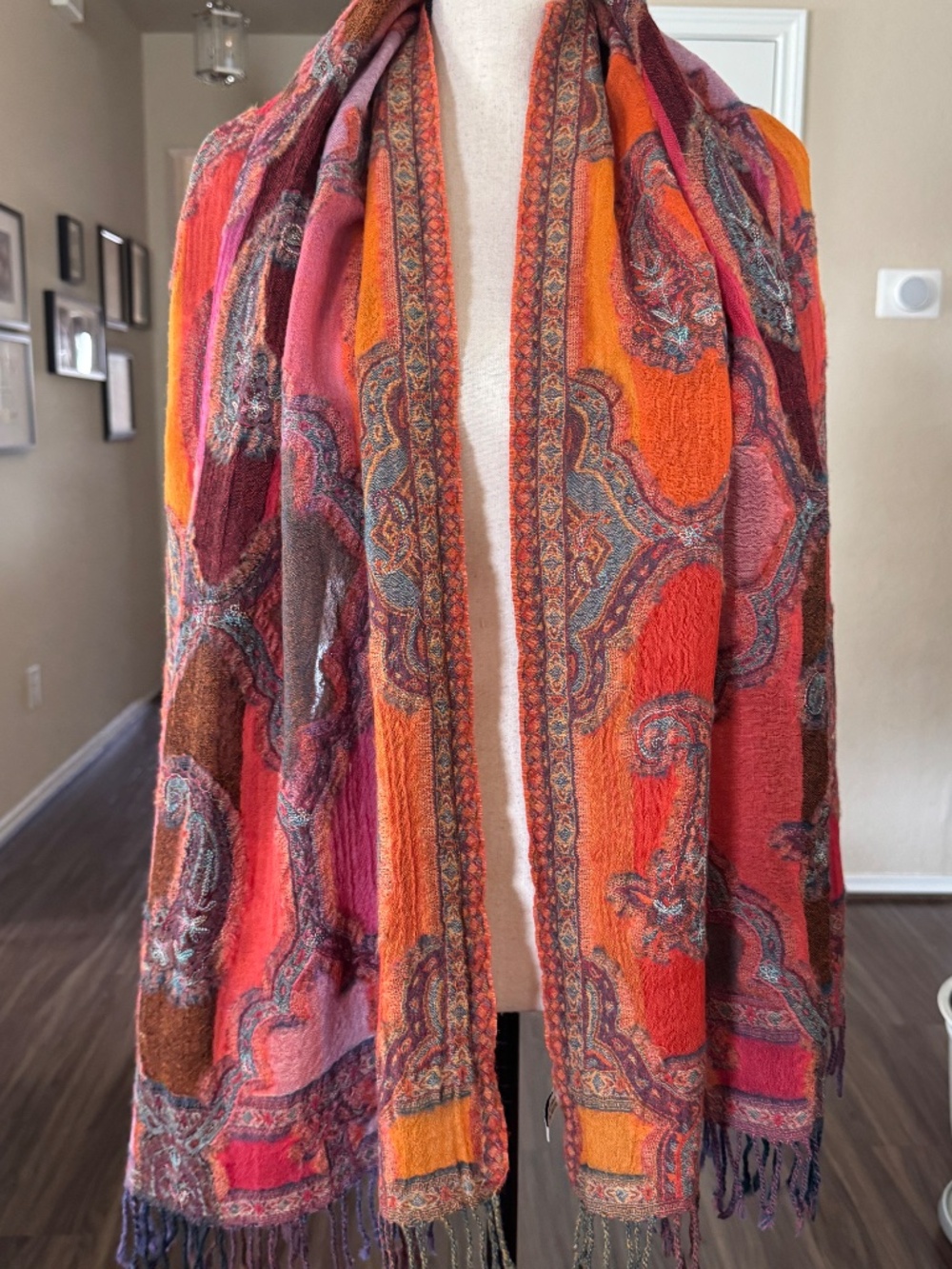 Wool Paisley Scarf Orange Red Boho Shawl Wrap Fringed Fall Winter Women's - Picture 6 of 8
